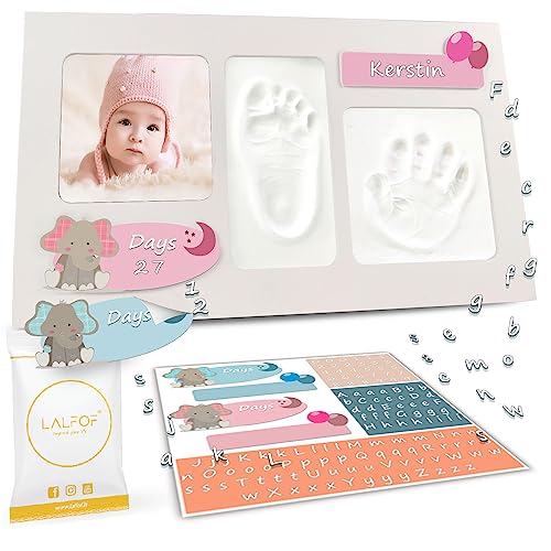 Lalfof rosa oder blau bilderrahmen fußabdruck baby mit NAMEN. Baby fussabdruck set ideal als Geschenk für kinder. Baby handabdruck und fußabdruck Ton dermatologisch getestet. Handabdruck baby gift von Lalfof