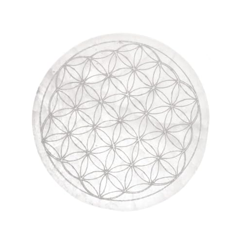 LAMARE – SELENIT-RUNDE PLATTEN – Energetisches Werkzeug zur Aufladung von Kristallen – Natürlicher Selenit stein mit verschiedenen Gravuren – Durchmesser 10 cm (Selenit-Blume Des Lebens-Plakette) von LAMARE