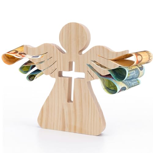 LAMEK Holzengel mit Kreuz Holz Schutzengel Geldgeschenk Mädchen Jungen Engel Holzfiguren Glücksengel Figur Gastgeschenk Geschenk für Firmung Taufe Kommunion Konfirmation von LAMEK