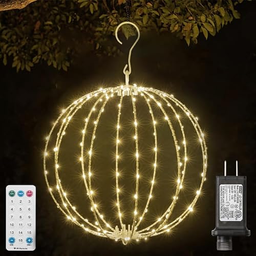 30,5 cm lange LED-Weihnachtslichtkugel für den Innen- und Außenbereich, faltbare Metallkugel-Lichter, anschließbar, wasserdicht, 16 Modi mit Timer, hängende Baumkugel-Lichter für von LAMPHOME