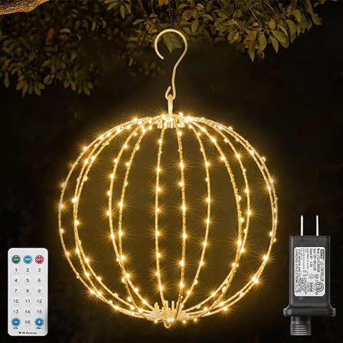 30,5 cm lange LED-Weihnachtslichtkugel für den Innen- und Außenbereich, faltbare Metallkugel-Lichter, anschließbar, wasserdicht, 16 Modi mit Timer, hängende Baumkugel-Lichter für von LAMPHOME