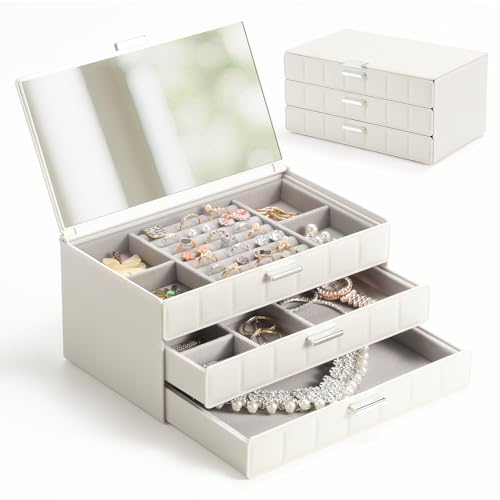 Schmuckkästchen Groß mit Spiegel, Schmuckbox 3 Ebenen, Schmuckschatulle Organizer mit Samtfutter, Wasserabweisend für Ringe, Ohrringe, Halsketten, Armbänder-Elegantes Geschenk für Frau & Mädchen, Weiß Schmuckkästchen Groß mit Spiegel, Schmuckbox 3 Ebenen, Schmuckschatulle Organizer mit Samtfutter, Wasserabweisend für Ringe, Ohrringe, Halsketten, Armbänder-Elegantes Geschenk für Frau & Mädchen, Weiß von LAMU