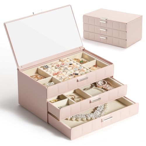 Schmuckkästchen Groß mit Spiegel, Schmuckbox 3 Ebenen, Schmuckschatulle Organizer mit Samtfutter, Wasserabweisend für Ringe, Ohrringe, Halsketten, Armbänder-Elegantes Geschenk für Frau & Mädchen, Rosa von LAMU