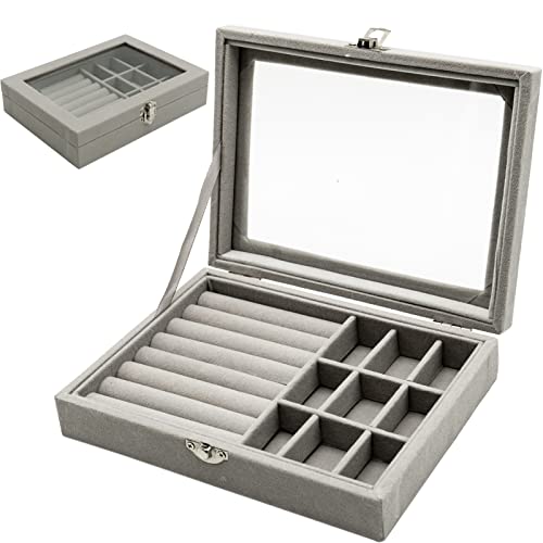 Schmuckschatulle Organizer 9 Gitter Schmuck Aufbewahrungskoffer, Samt abschließbar Schmuck Organizer, Umzug Tablett, Ring Schmuck Display Aufbewahrungsbox Tablett für Ringe Ohrringe Halskette,Grau von LAMXD