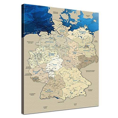 LanaKK – Deutschlandkarte Leinwandbild „Deutschlandkarte Blue Ocean” - deutsch - Kunstdruck-Pinnwand auf Echtholz-Keilrahmen – Globus in blau, einteilig & fertig gerahmt in 40x60cm von LANA KK