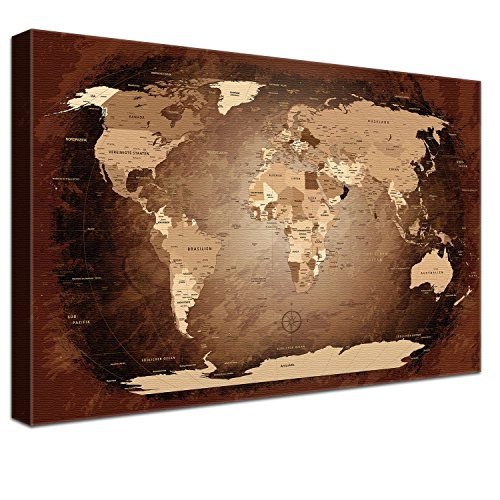 LanaKK – Weltkarte Luxus Ausführung – „Worldmao Antik” - deutsch - Kunstdruck-Pinnwand auf 4cm Echtholz-Keilrahmen – Globus in braun, einteilig & fertig gerahmt in 120x80cm von LANA KK