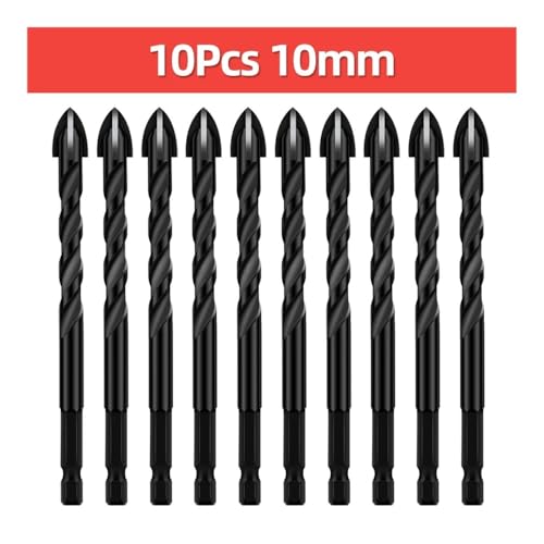 TOOLEYE Kreuz-Sechskant-Bohrer-Set, passend for Beton, Porzellan, Fliesen, Glas, Metall, Multifunktions-Bohrer-Set, Elektrowerkzeuge, Bohrer(10pcs 10mm) von LANAPPTLTG