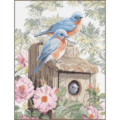 LANARTE PN Zählmusterpackung Blaue Vögel Aida Kreuzstichpackung, Baumwolle, Mehrfarbig, 29 x 39 x 0.3 cm von Lanarte