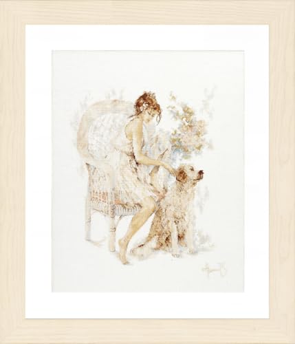 Lanarte Kreuzstich Stickpackungen Gezählter Kreuzstichbilder Set MÄDCHEN AUF STUHL MIT HUND Wanddekoration Handarbeit Set für Erwachsene 39 x 49 cm DIY Deko Bastelset Handwerker Kreative Geschenkset von Lanarte