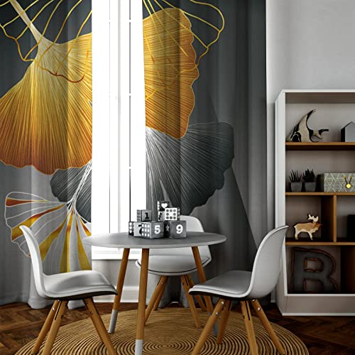 LANDOCROWN Goldener Ginkgo hinterlässt Verdunkelungsvorhänge für das Wohnen im Schlafzimmer Retro-ästhetische Fenstervorhänge Nordischer botanischer Grauer Fenstervorhang H240 x B140 cm von LANDOCROWN