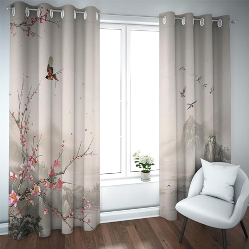 LANDOCROWN Rosa Blumen Verdunkelungsvorhang Retro Asiatisch Orientalisch Chinesisch Landschaft Raum Verdunkelung Vorhänge Niedliche Vogel Farben Kinderzimmer Vorhänge 2X B117 x H214 cm von LANDOCROWN