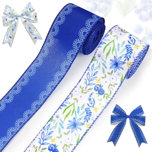 LANGFON 2 Rollen Frühlingsband Leinen Blau Blume Hochzeit Dekor Bänder Blumen Blätter Aquarell Floral Drahtbänder für Frühling Party Geschenkverpackung Heimdekoration Bastelbedarf 6,3 cm x 9,1 m von LANGFON