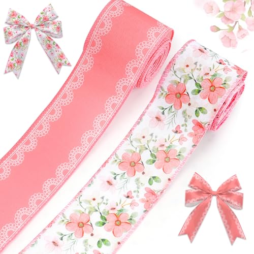 LANGFON 2 Rollen Frühlingsband aus Leinen, rosa Blume, Hochzeitsdekor, Blumen, Aquarell, Blumen, Draht, rosa Bänder für Frühling, Party, Geschenkverpackung, Heimdekoration, Bastelbedarf, 6,3 cm x 9,1 LANGFON 2 Rollen Frühlingsband aus Leinen, rosa Blume, Hochzeitsdekor, Blumen, Aquarell, Blumen, Draht, rosa Bänder für Frühling, Party, Geschenkverpackung, Heimdekoration, Bastelbedarf, 6,3 cm x 9,1 von LANGFON