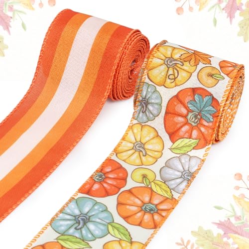 LANGFON 2 Rollen Herbstband Thanksgiving Bänder Sackleinen Rand Draht Bunte Kürbisbraune Streifen Dekorbänder für Herbst Thanksgiving Party Geschenkverpackung Handwerk Dekoration Supplies 9,1 m LANGFON 2 Rollen Herbstband Thanksgiving Bänder Sackleinen Rand Draht Bunte Kürbisbraune Streifen Dekorbänder für Herbst Thanksgiving Party Geschenkverpackung Handwerk Dekoration Supplies 9,1 m von LANGFON