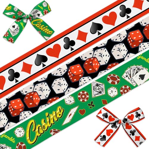 LANGFON 3 Stück 1,9 cm Casino Ripsband für Party-Dekoration, Würfelspielkarten, Band für Poker-Thema, Geburtstag, Canival, Party, Las Vegas, Casino, Nacht, Geschenkverpackung, DIY, Geschenk von LANGFON