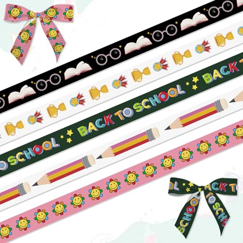 LANGFON 5 Stück 0,95 cm Schulbänder, Bleistift-Lächeln, Blumen-Themenbänder zum Verpacken von Geschenken, 13,7 m, Kindergarten-Dekor, Band für Schulanfang, Party, Haarschleife, Klassenzimmer von LANGFON