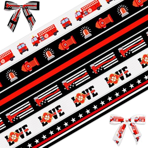 LANGFON Feuerwehrband für patriotische Themenparty-Dekoration, 0,95 cm breit, Ripsband für Feuerwehrmann, Gedenktag, Feuerwehr, Geschenkverpackung, Arbeitstag, Heimdekoration, 18 m, 6 Stück von LANGFON