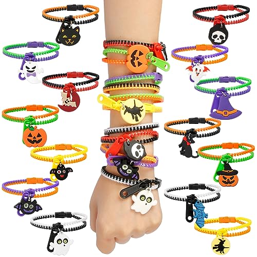 LANMOK 28 Stück Halloween Reißverschluss Armbänder Kinder Zip Freundschaftsarmbänder Zappeln Armbänder mit Geister Kürbis Hexe Anhänger für Jungen Mädchen Partys Halloween Mitgebsel Geschenktüten von LANMOK