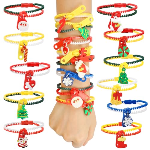 LANMOK 28 Stück Weihnachten Reißverschluss Armbänder Kinder Zip Freundschaftsarmbänder Zappeln Armbänder mit Weihnachtsbaum Anhänger Weihnachten Geschenke für Jungen Mädchen Weihnachten Mitgebsel von LANMOK