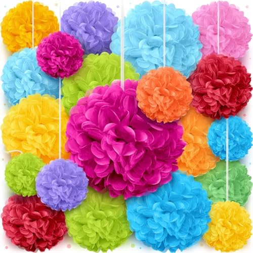 LAPLBEKE 20 Stück Boho Pompons Deko, Rosa Papier Blumen Dekorationen für Geburtstage, Brautparty Dekorationen, Boho Babyparty Dekorationen für Mädchen, Geburtstagsdeko (BUNTE) von LAPLBEKE