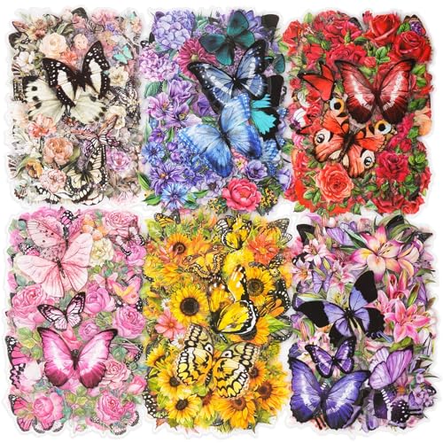 LAPLBEKE 300 Stück Bunte Blumen Aufkleber Set, Geprägte PET Botanische Schmetterling Sticker für Scrapbook Bullet Journaling (Schmetterlings) von LAPLBEKE