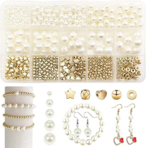 LAPLBEKE Weiße Perlen zum Auffädeln 720 Stück, 4/6/8/10/12MM Perlen für Armbänder Selber Machen, Goldene Perlen Set für DIY-Handwerk, Halsketten, Ohrringe, Schmuckherstellung, Dekor von LAPLBEKE