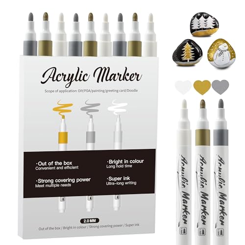 LAPLBEKE Gold Silber Weiß Acrylstifte Set, 9 Stück Metallic AcrylMarker, 2-3mm Mittelspitze Permanent Marker Stifte für Steine, Holz, Papier, Metall, Zeichnen, Kunststoff, DIY Kunstprojekte (3X3) von LAPLBEKE