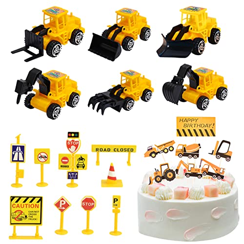 LAPONO 22 Stück Bagger Kuchen Dekoration Satz für Junge Baustellenfahrzeuge Kinder Bagger Fahrzeug Cupcake Toppers Baustelle Fahrzeuge Spielzeugauto Satz Verkehrsschilder Geburtstag Torte Dekoration von LAPONO