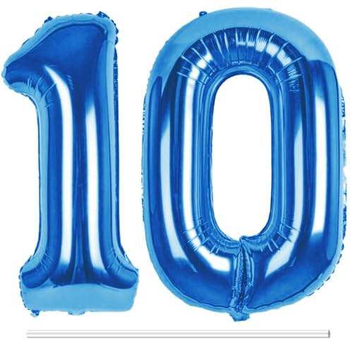 LAPONO Luftballons Geburtstag Zahl 10 Blau, XXL Folienballon Zahlen 1 und 0 Riesen Helium Ballons 10 Jahre Geburtstagsdeko für Junge, Mädchen 10. Kindergeburtstag Jubiläum Party Deko von LAPONO
