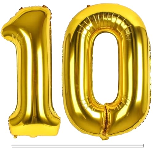 LAPONO Luftballons Geburtstag Zahl 10 Gold, XXL Folienballon Zahlen 1 und 0 Riesen Helium Ballons 10 Jahre Geburtstagsdeko für Junge, Mädchen 10. Kindergeburtstag Jubiläum Party Deko von LAPONO