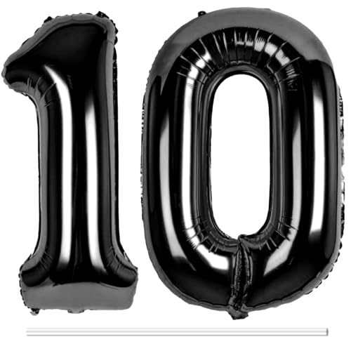 LAPONO Luftballons Geburtstag Zahl 10 Schwarz, XXL Folienballon Zahlen 1 und 0 Riesen Helium Ballons 10 Jahre Geburtstagsdeko für Junge, Mädchen 10. Kindergeburtstag Jubiläum Party Deko von LAPONO
