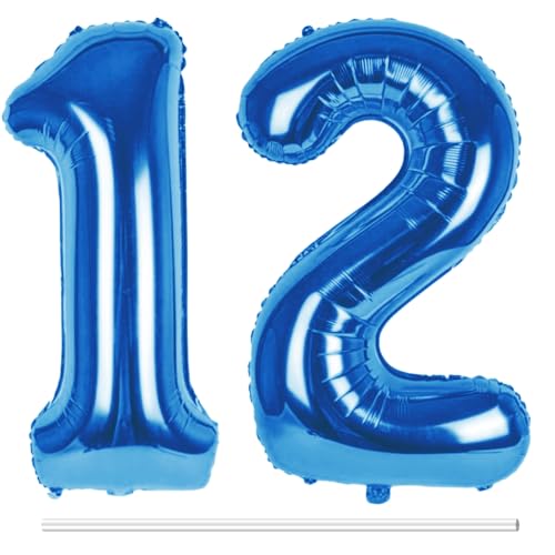 LAPONO Luftballons Geburtstag Zahl 12 Blau, XXL Folienballon Zahlen 1 und 2 Riesen Helium Ballons 12 Jahre Geburtstagsdeko für Junge, Mädchen 12. 21. Kindergeburtstag Jubiläum Party Deko von LAPONO