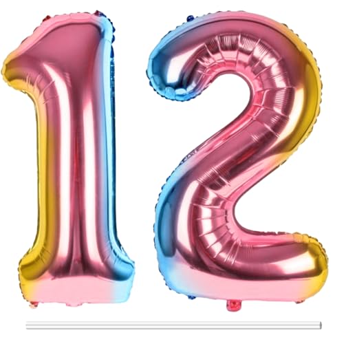 LAPONO Luftballons Geburtstag Zahl 12 Bunt, XXL Folienballon Zahlen 1 und 2 Riesen Helium Ballons 12 Jahre Geburtstagsdeko für Junge, Mädchen 10. Regenbogen 21. Kindergeburtstag Jubiläum Party Deko von LAPONO