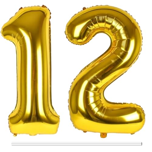 LAPONO Luftballons Geburtstag Zahl 12 Gold, XXL Folienballon Zahlen 1 und 2 Riesen Helium Ballons 12 Jahre Geburtstagsdeko für Junge, Mädchen 12. 21. Kindergeburtstag Jubiläum Party Deko von LAPONO