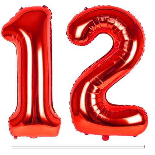 LAPONO Luftballons Geburtstag Zahl 12 Rot, XXL Folienballon Zahlen 1 und 2 Riesen Helium Ballons 12 Jahre Geburtstagsdeko für Junge, Mädchen 12. 21. Kindergeburtstag Jubiläum Party Deko von LAPONO