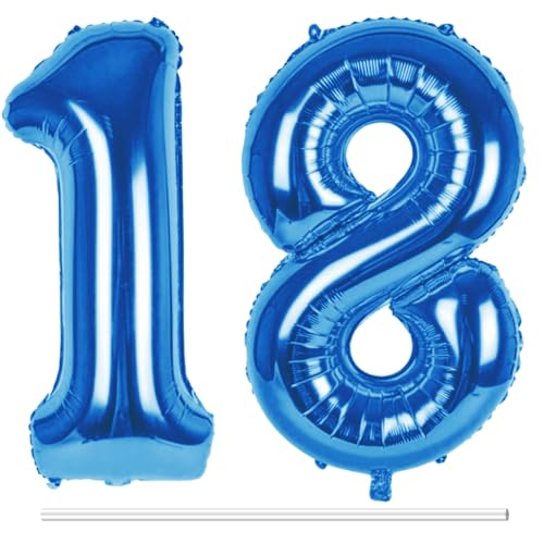 LAPONO Luftballons Geburtstag Zahl 18 Blau, XXL Folienballon Zahlen 1 und 8 Riesen Helium Ballons 18 Jahre Geburtstagsdeko für Junge, Mädchen 18. Kindergeburtstag Jubiläum Party Deko von LAPONO