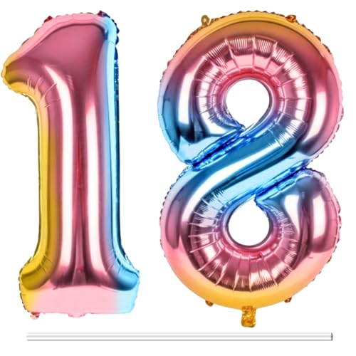 LAPONO Luftballons Geburtstag Zahl 18 Bunt, XXL Folienballon Zahlen 1 und 8 Riesen Helium Ballons 18 Jahre Geburtstagsdeko für Junge, Mädchen 10. Regenbogen Kindergeburtstag Jubiläum Party Deko von LAPONO