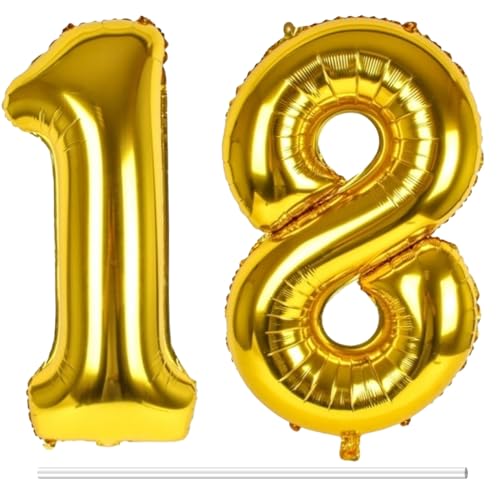 LAPONO Luftballons Geburtstag Zahl 18 Gold, XXL Folienballon Zahlen 1 und 8 Riesen Helium Ballons 18 Jahre Geburtstagsdeko für Junge, Mädchen 18. Kindergeburtstag Jubiläum Party Deko von LAPONO