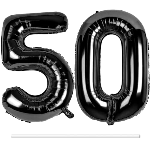 LAPONO Luftballons Geburtstag Zahl 50 Schwarz, XXL Folienballon Zahlen 5 und 0 Riesen Helium Ballons 50 Jahre Geburtstagsdeko für Junge, Mädchen 50. Kindergeburtstag Jubiläum Party Deko von LAPONO