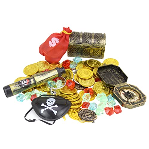 LAPONO Schätze für Schatzsuche Spielzeugset Weihnachtsfeier Piraten Goldmünze Spielzeugkiste mit Schloss enthält Kompass Piraten Augenklappe Goldmünzen Schmucksteine usw Piraten Thema Party Gefallen von LAPONO