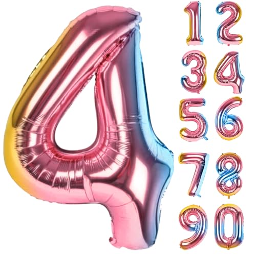 Zahlen Luftballons Geburtstag 4 Bunt, Folienballon Riesen 82cm Helium Ballons Zahl Regenbogen Farbverlauf Luftballon Geburtstagsdeko Für Mädchen Junge Kindergeburtstag Babyparty Jubiläum Party Deko von LAPONO