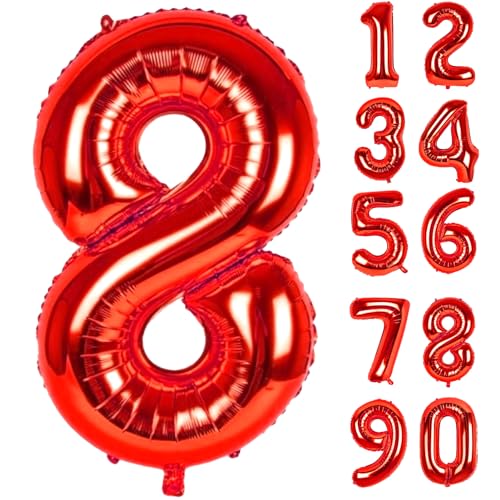Zahlen Luftballons Geburtstag 8 Rot, Folienballon Riesen 90cm Helium Ballons Zahl Luftballon Zahlenluftballons Geburtstagsdeko Für Mädchen Junge Kindergeburtstag Babyparty Jubiläum Party Deko von LAPONO