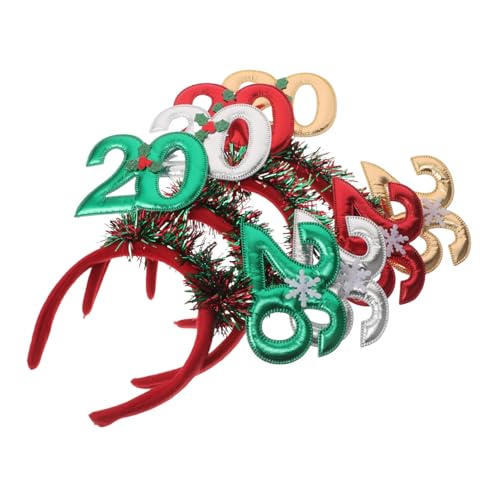 LAPYAPPE 4 Stück Teiliges Happy Year Stirnband mit Glitzernden Tiara Designs in Rot Gold Grün und Silber Festliche Haaraccessoires für Silvester Weihnachtsfeiern und Partydekorationen von LAPYAPPE