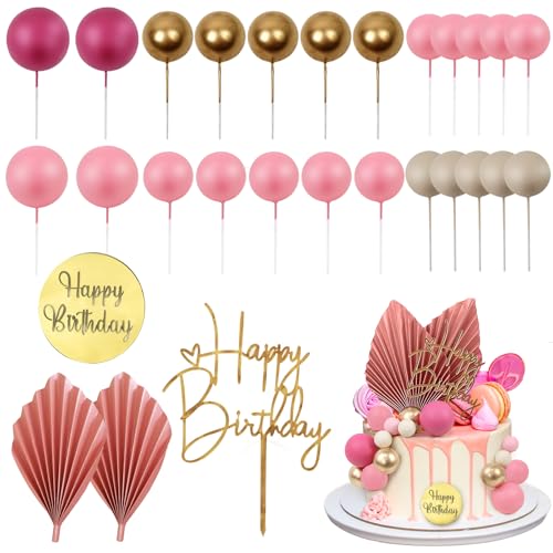 LARDUX 28 Stück Tortendeko Rosa - Geburtstag Torten Deko DIY Palmenblätter Boho Mini Ballon Cupcake Topper Tortendeko Kugeln für Mädchen Frauen Geburtstag Party Dekor von LARDUX