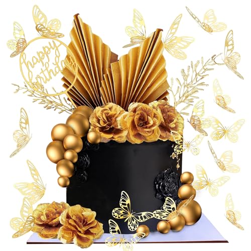 LARDUX 43 Stück goldene Kuchendekorationen mit Blumen, Boho-Goldkugeln, Geburtstagskuchenaufsatz, DIY, Schmetterling, Palmblatt, Cupcake für Hochzeit, Party, Dekoration von LARDUX