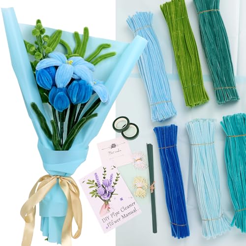 LARDUX Pfeifenreiniger-Set – Blaue Pfeifenreiniger, Basteln, DIY, Blumen, Chenille-Stiele, Pfeifenreiniger, Großpackung mit Papier, Band, Blumendraht, Anleitung für DIY-Kunst (blau) von LARDUX