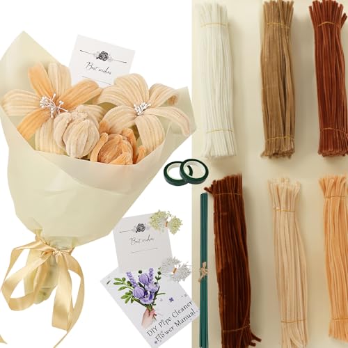 LARDUX Pfeifenreiniger Set Braun Pfeifenreiniger Basteln Blumen Chenille Stiele Pfeifenreiniger Blume Kit Pfeifenreiniger Bulk mit Papier, Band, Blumendraht, Anleitung für DIY Kunst (Braun von LARDUX