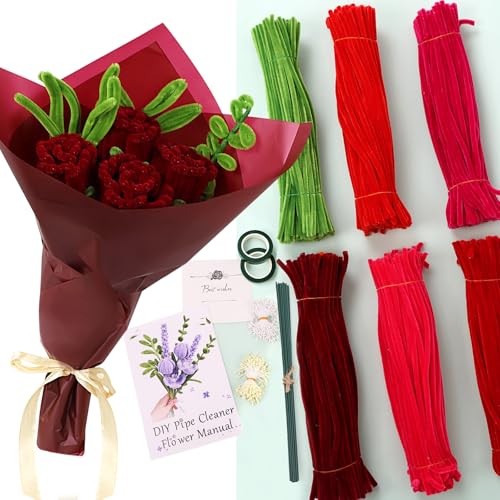 LARDUX Pfeifenreiniger-Set – Rote Pfeifenreiniger, Basteln, DIY, Rosenblumen, Chenille-Stiele, Pfeifenreiniger, Großpackung mit Papier, Band, Blumendraht, Anleitung für DIY-Kunst (Rot) von LARDUX