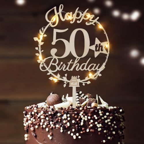 LED-Kuchenaufsatz "Happy Birthday", personalisierbar, 18., 21., 30., 40., 50., 60., 70., 80. Geburtstag, doppelseitig, Kuchendekoration (50. Geburtstag) von LARDUX