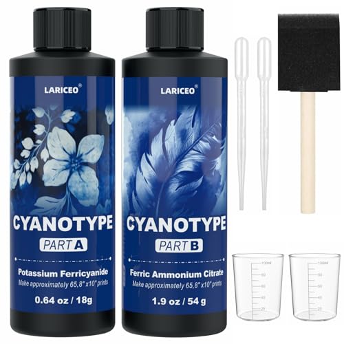 16 Unzen Cyanotype Sensitizer Kit mit 2 Pipetten, Schwammpinsel, einfach zu lagerndes Cyanotyp-Chemikalien-Farbpulver für fotografische Blaupausen auf Papier und Stoff, Sonnendruck-Kit für Anfänger von LARICEO
